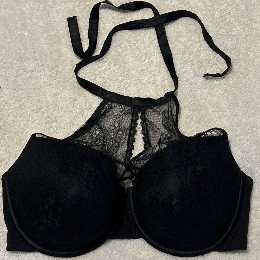 Cacique Bra 44DDD Black Lace High Neck Halter Underwire Lightly Padded